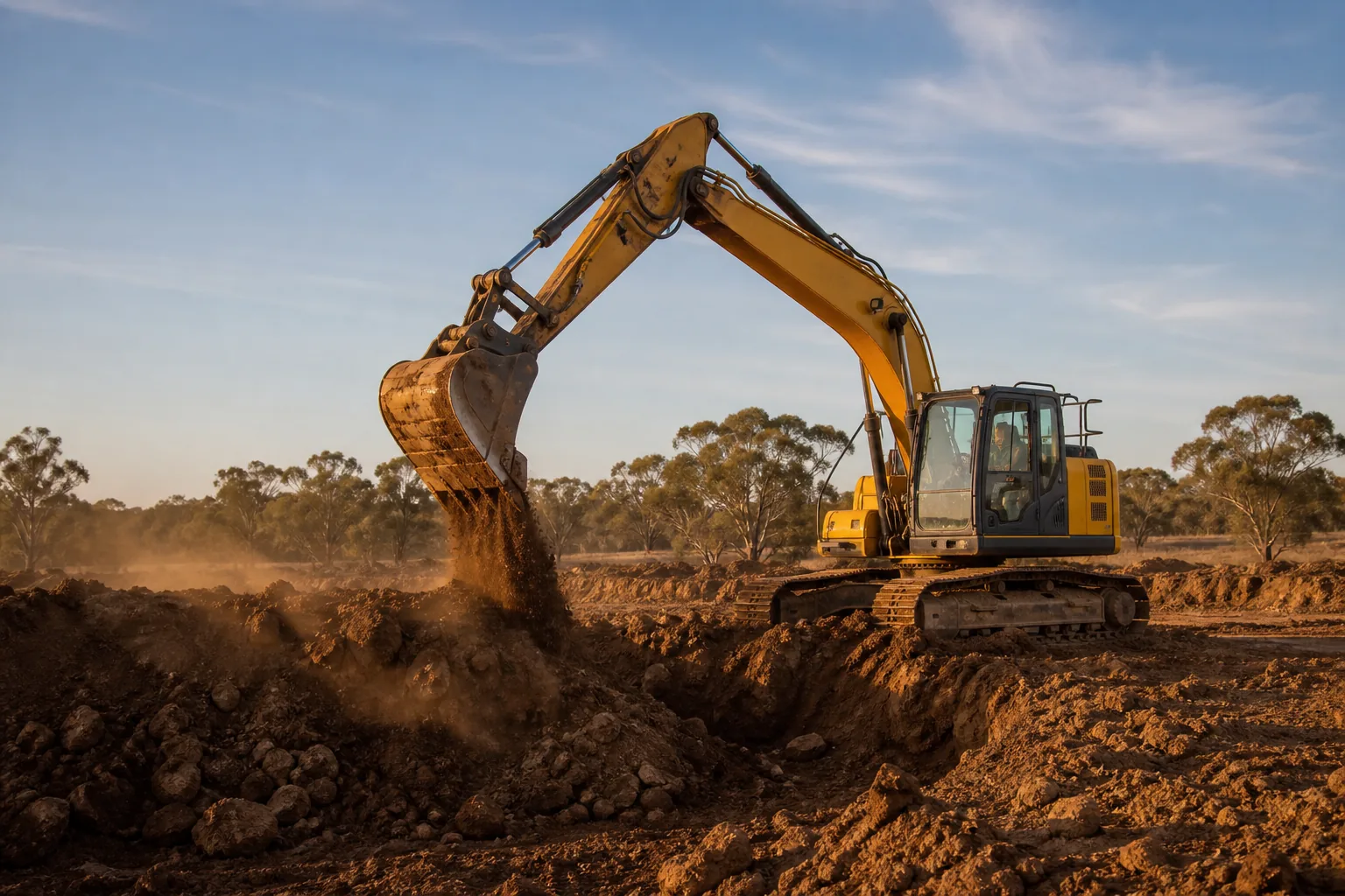 Unbranded excavator working on a regional Australian civil site.