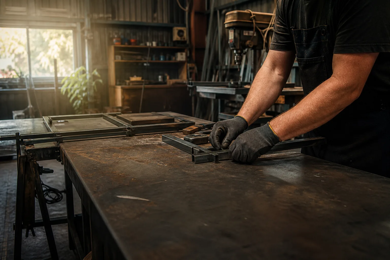Australian workshop operator preparing steel components at a fabrication bench.