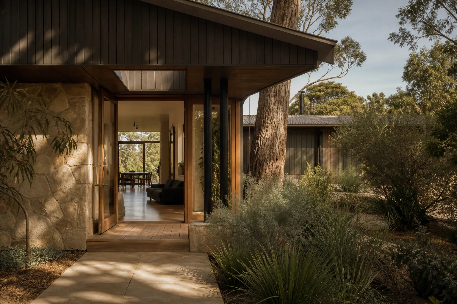 Contemporary Australian home entrance surrounded by native landscaping.